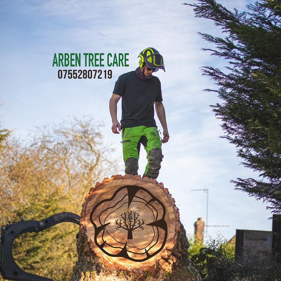 Ben from Arben Tree Care standing on a freshly-felled trunk branded with the company logo